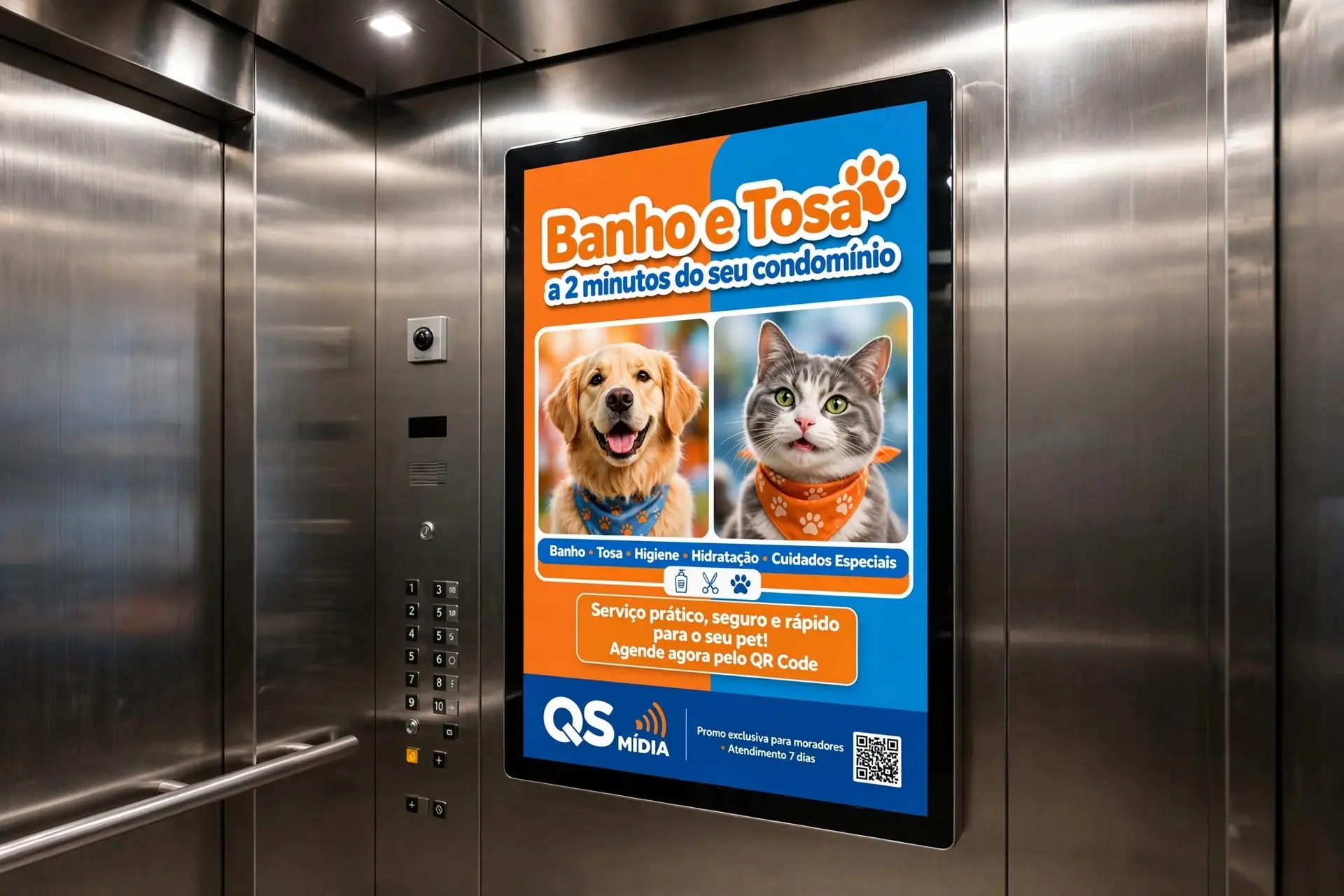 About Tela digital em elevador do Condomínio Parceiro exibindo campanha do anunciante Pet Shop, destacando produtos e serviços para cães e gatos.